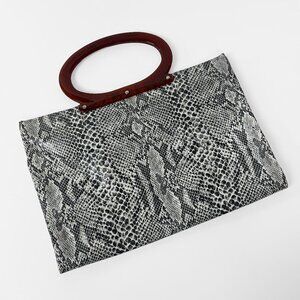 Vintage Faux Snakeskin Clutch Shopper Tote Bag Acrylic Amber Handle Grey Black